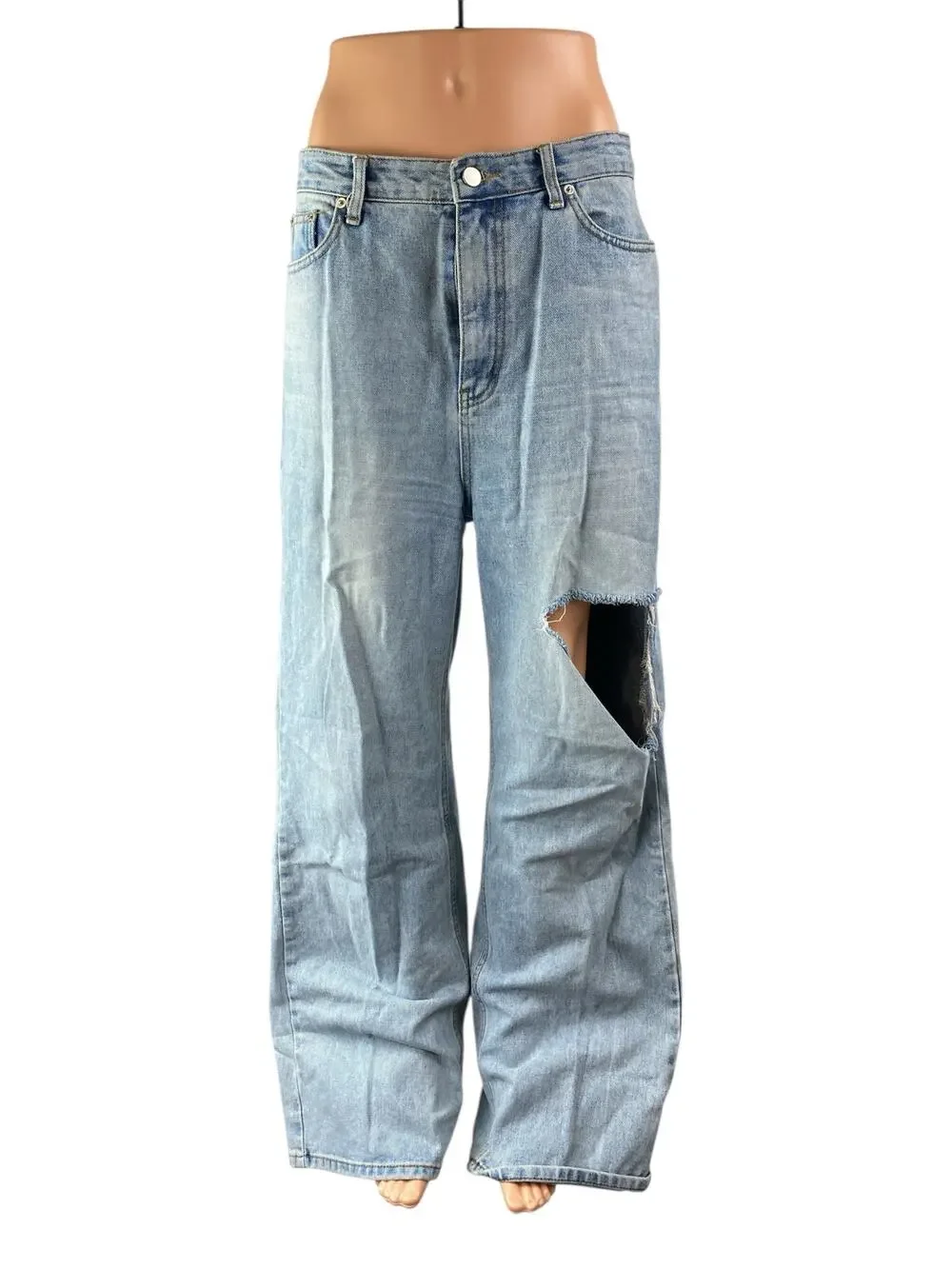 12th Tribe Women's Blue Distressed High Waist Baggy Wide Leg Denim Jeans Pants L